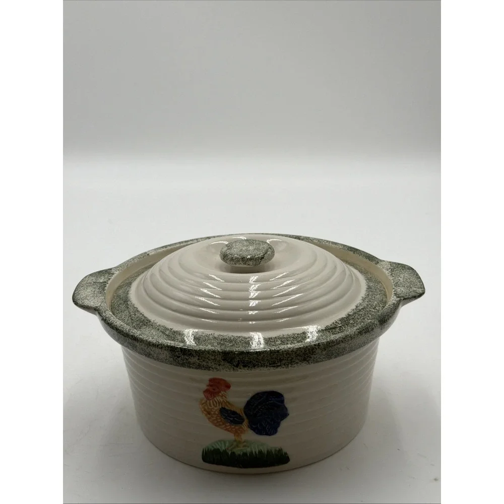 Vintage Alco Industries Round Stoneware Rooster Casserole Dish W/Lid Countryside